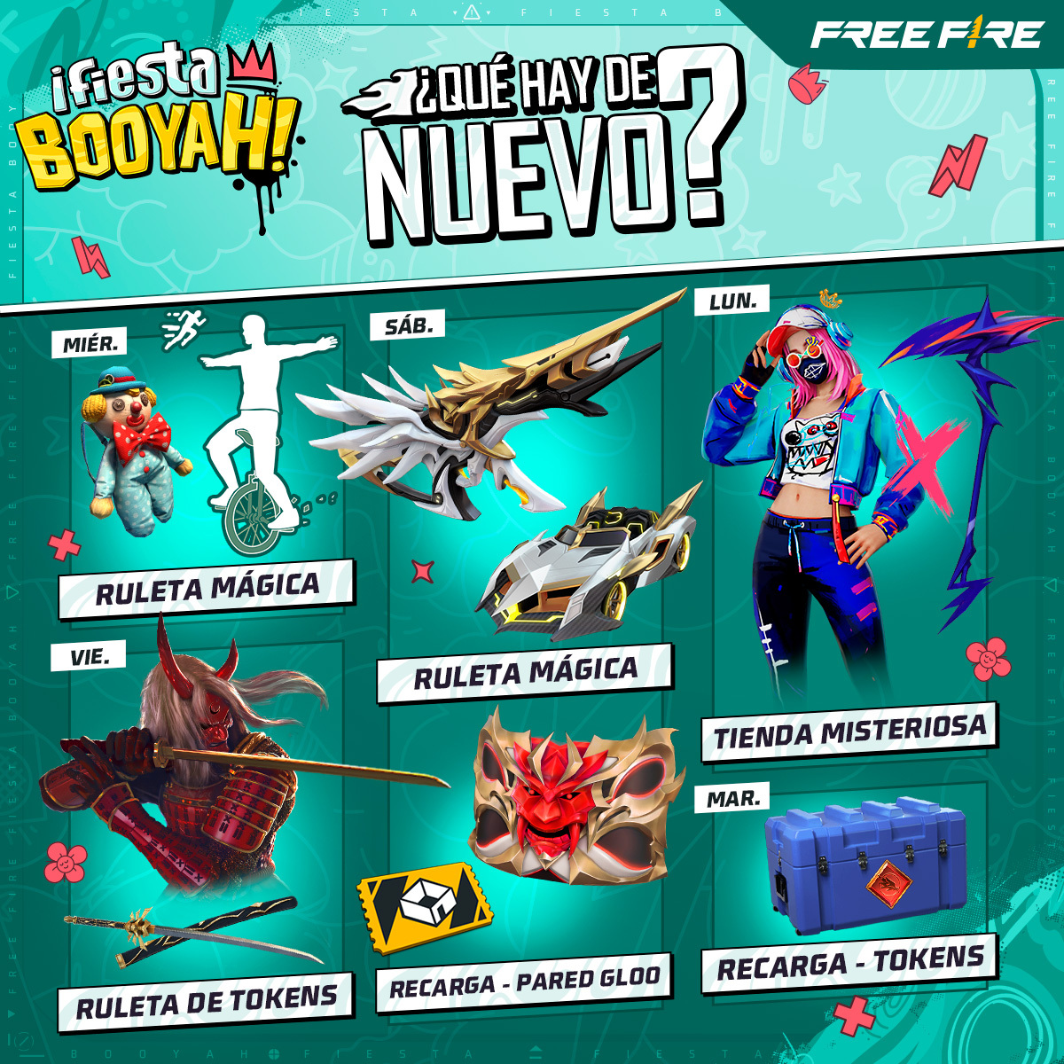 📕 ¡LA #AGENDASEMANAL ESTÁ AQUÍ! 📕 ⏫ ¡ENTRA EN MODO EVOLUTIVO! ⏫ Refuerza el poder de tu MP5 con los 7 niveles de la Divinidad Platino 💥, utilízala para eliminar a todos los Samuráis Zombi 🧟‍♂️ y potencializa tu estilo con el NUEVO conjunto Arte Callejero. 🖌️ #FiestaBooyah