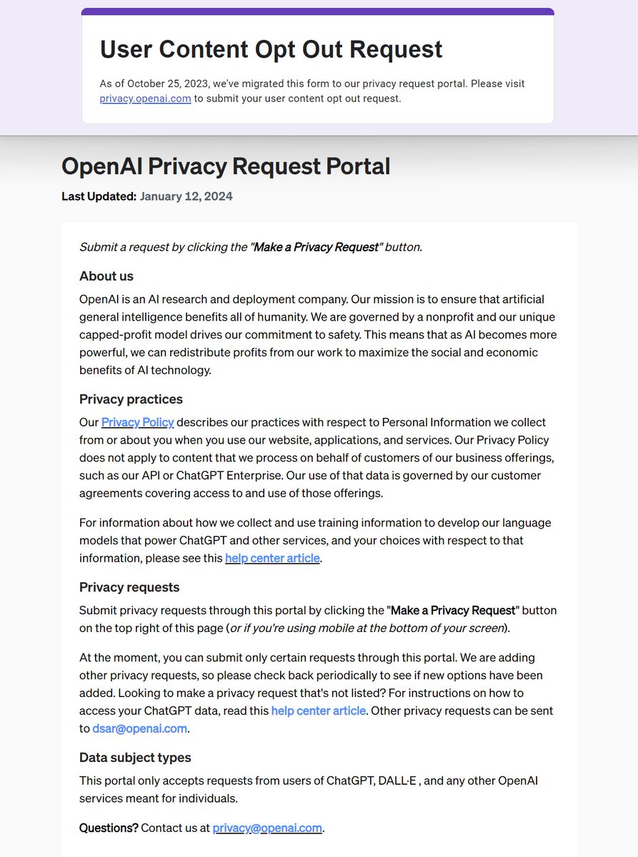 Before this, OpenAI had an online form where you had to INDIVIDUALLY list your works you wanted opted out, as well as provide a description for each one. They've since scrapped that and now the form only allows you to remove personal data for privacy reasons. Total farce.🧵