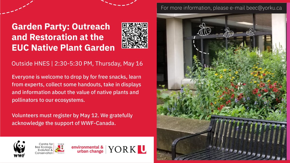 EUC invites you to the Garden Party on Thursday, May 16 from 2:30 to 5:30 PM outside the Health, Nursing, and Environmental Studies (HNES) Building. If you'd like to volunteer for this event please register before May 12. All are welcome to come 🔗 | bit.ly/3W7GyFi.