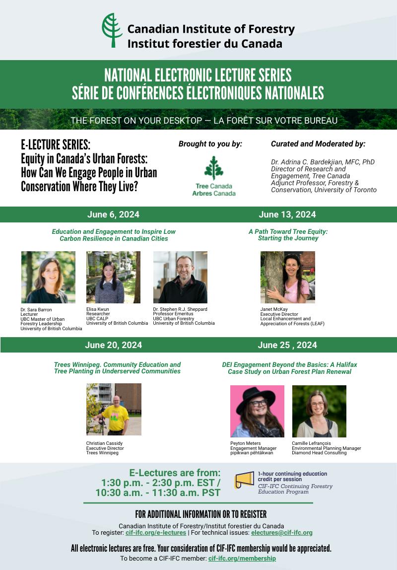 NEW E-Lecture Series beginning in one month! 🌳🖥 'Equity in Canada’s Urban Forests: How Can We Engage People in Urban Conservation Where They Live?' with @TreeCanada Register now to attend the live sessions: cif-ifc.org/what-we-do/e-l…