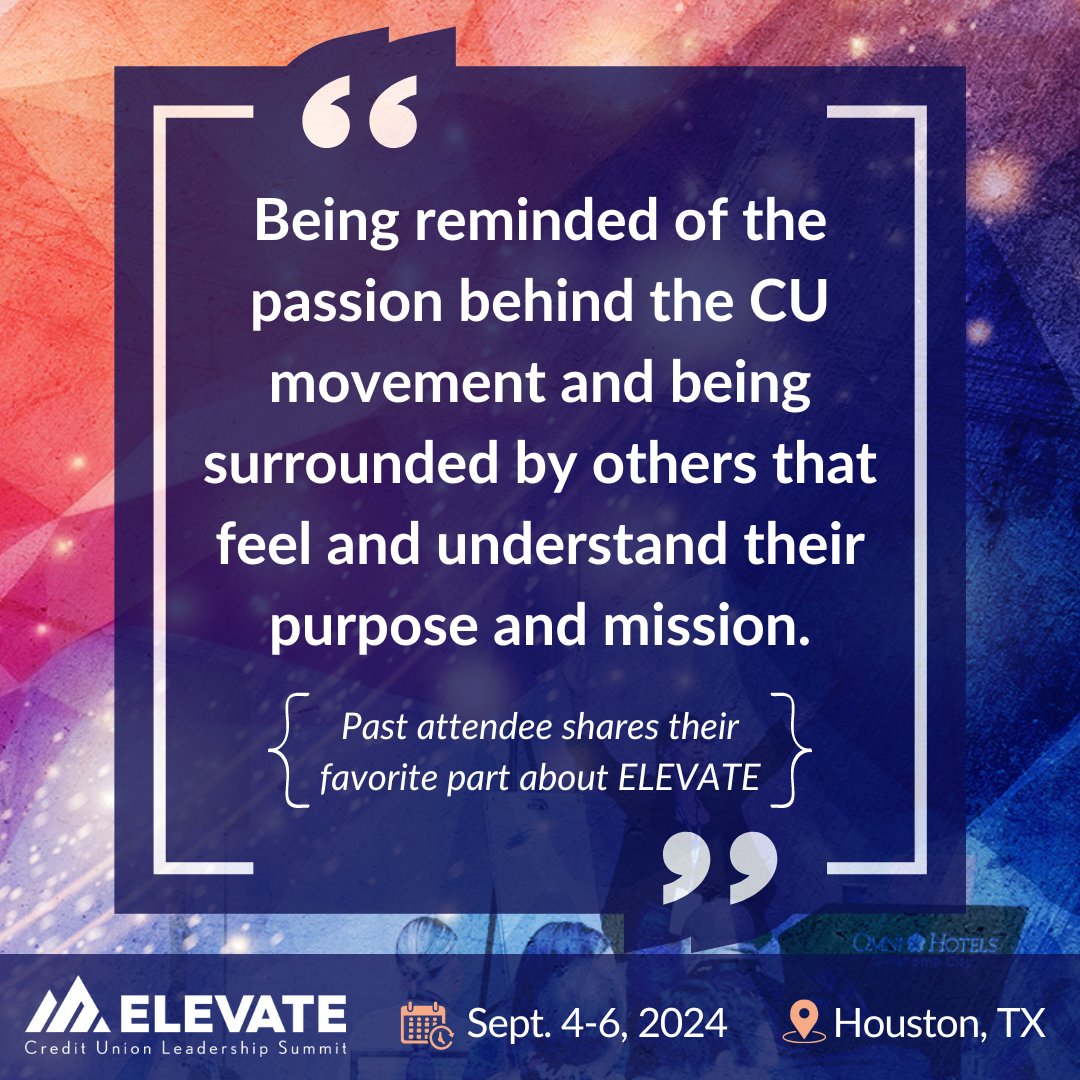 Why should you join us for ELEVATE, Sept. 4-6? Check out feedback from a past attendee.

Register by June 13 to save up to $200: cornerstone.swoogo.com/2024elevate/ho…

#cuELEVATE #CreditUnions #HoustonTX