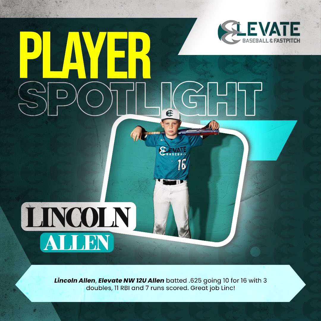 Lincoln Allen of Elevate NW 12U Allen batted .625 going 10 for 16 with 3 doubles, 11 RBI and 7 runs scored. Great job Linc!