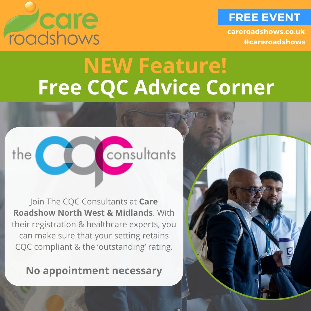 Take advantage of the unique opportunity to engage with The CQC Consultants at #careroadshow North West and Midlands and seek guidance on your CQC (Care Quality Commission) queries and questions. 

Want to find out more? Register here: careroadshows-2024.reg.buzz/twitter