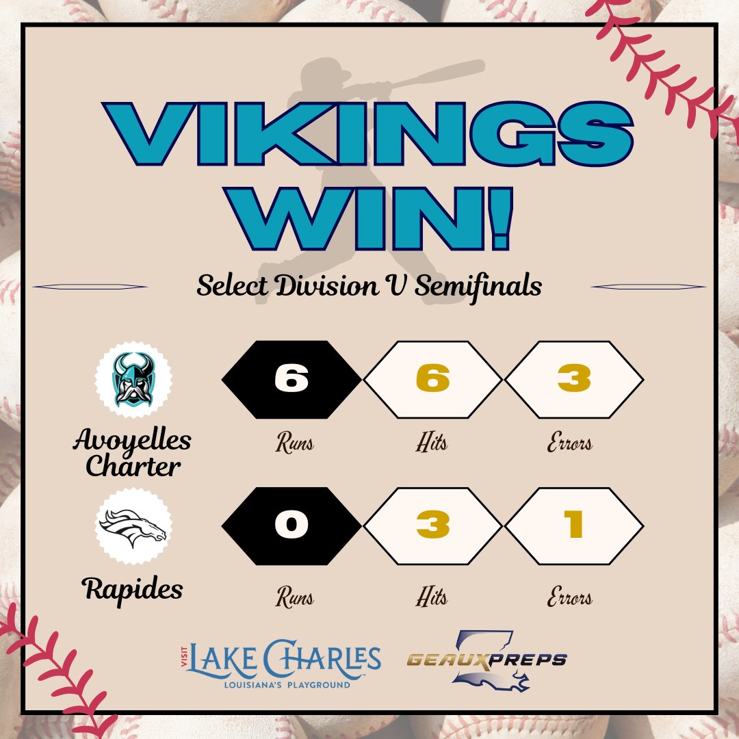🏆LHSAA BASEBALL SELECT DIVISION V SEMIFINALS⚾️ Avoyelles Public Charter is headed back to the 'ship! The Vikings use a 6-0 shutout over Rapides advancing to Friday's finals hoping to repeat as champions!