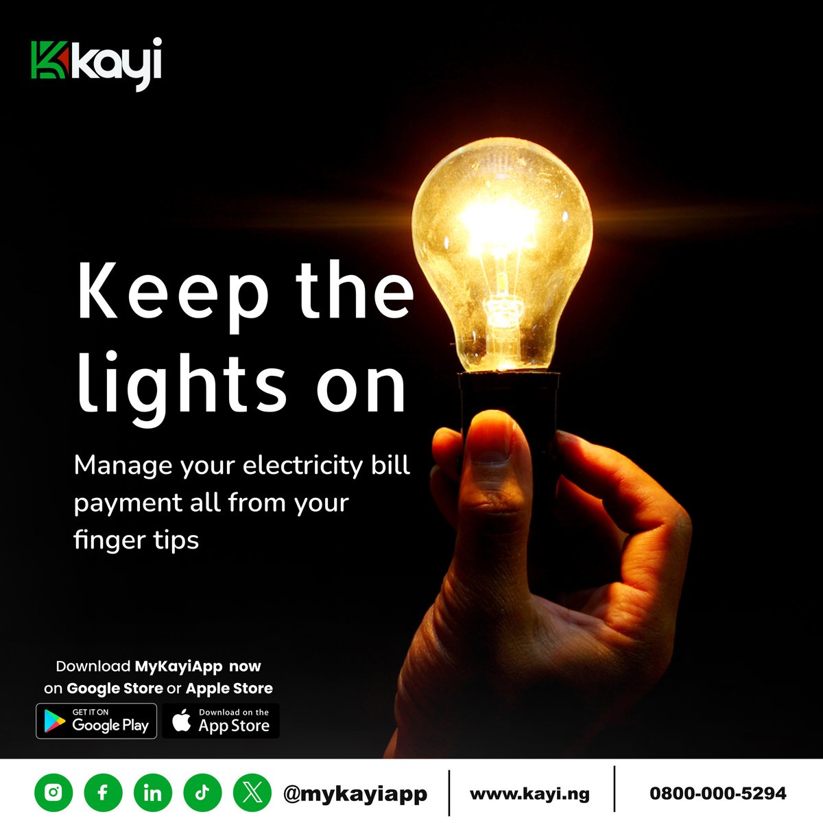 Keep the lights on with ease! With Kayiapp, paying your electricity bill is quick and convenient. Say goodbye to power outages and hello to uninterrupted power supply. Keep your home powered up hassle-free!

#MyKayiapp #AIDrivenBanking 
#Convenience
#Kayiway
#Digitalbanking