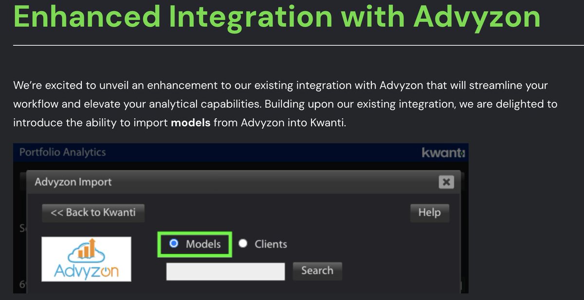 Have you heard about our enhanced integration with @advyzon? Building upon our existing integration, we recently introduced the ability to import models from Advyzon into Kwanti, which streamlines workflows and elevates analytical capabilities. Read more: kwanti.com/enhanced-integ…