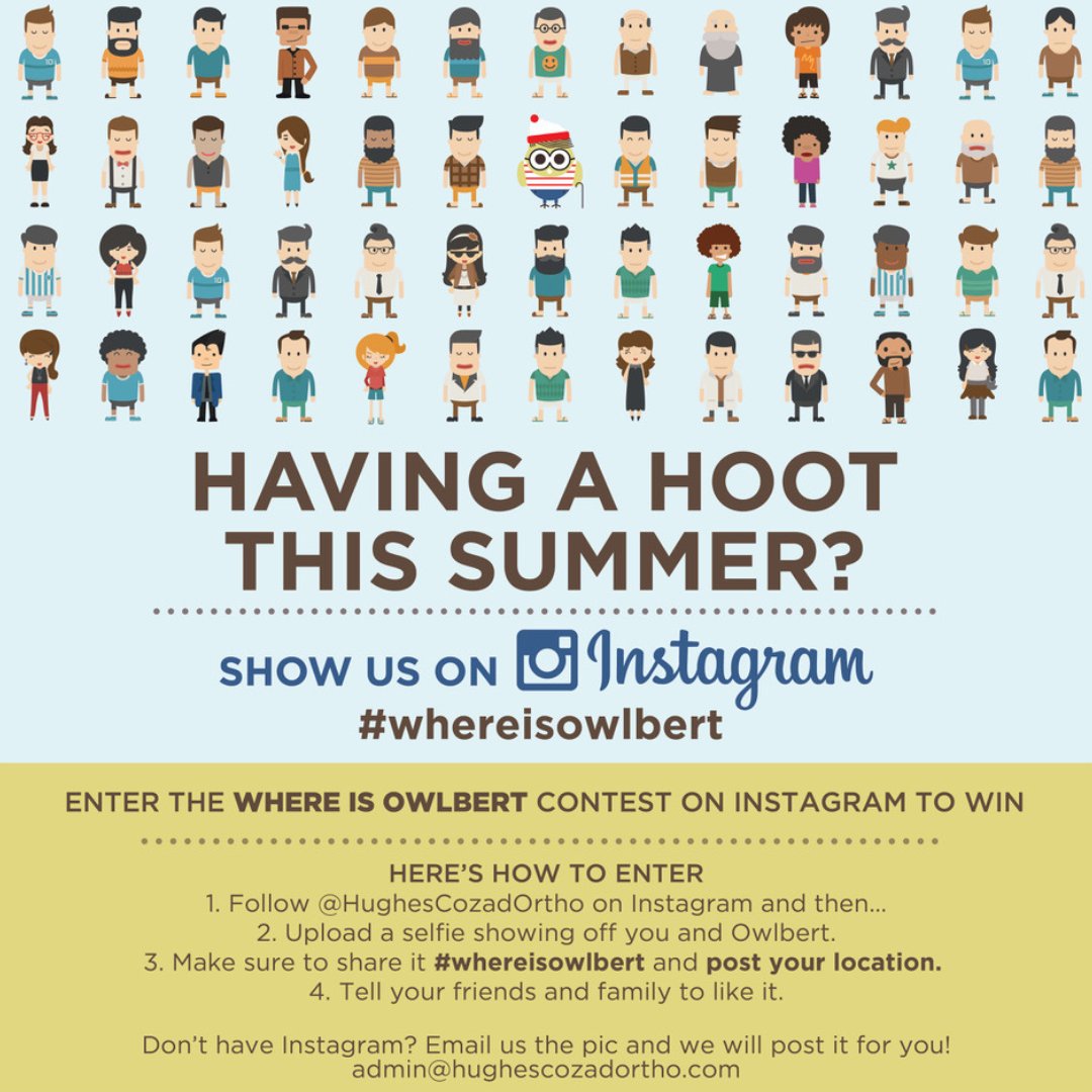 Hughes & Cozad Orthodontic's annual #WhereIsOwlbert Summer contest is officially underway! Owlbert's Contest runs every summer through June, July and August. There will be THREE winners chosen each month. See our post for how to enter! #GOODLUCK #SummerContest