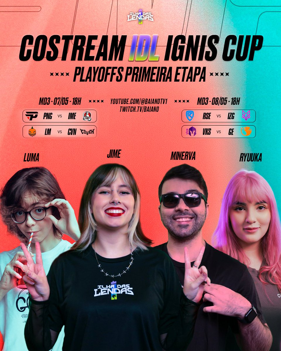 ilhadaslendas's tweet image. 🚨 COSTREAM IDL PLAYOFFS IGNIS CUP

Hoje, às 18h, começa a fase de playoffs do primeiro split da Ignis Cup 2024 e estaremos juntos na transmissão!

Confrontos, escalações e canais de transmissão nos comentários 👇