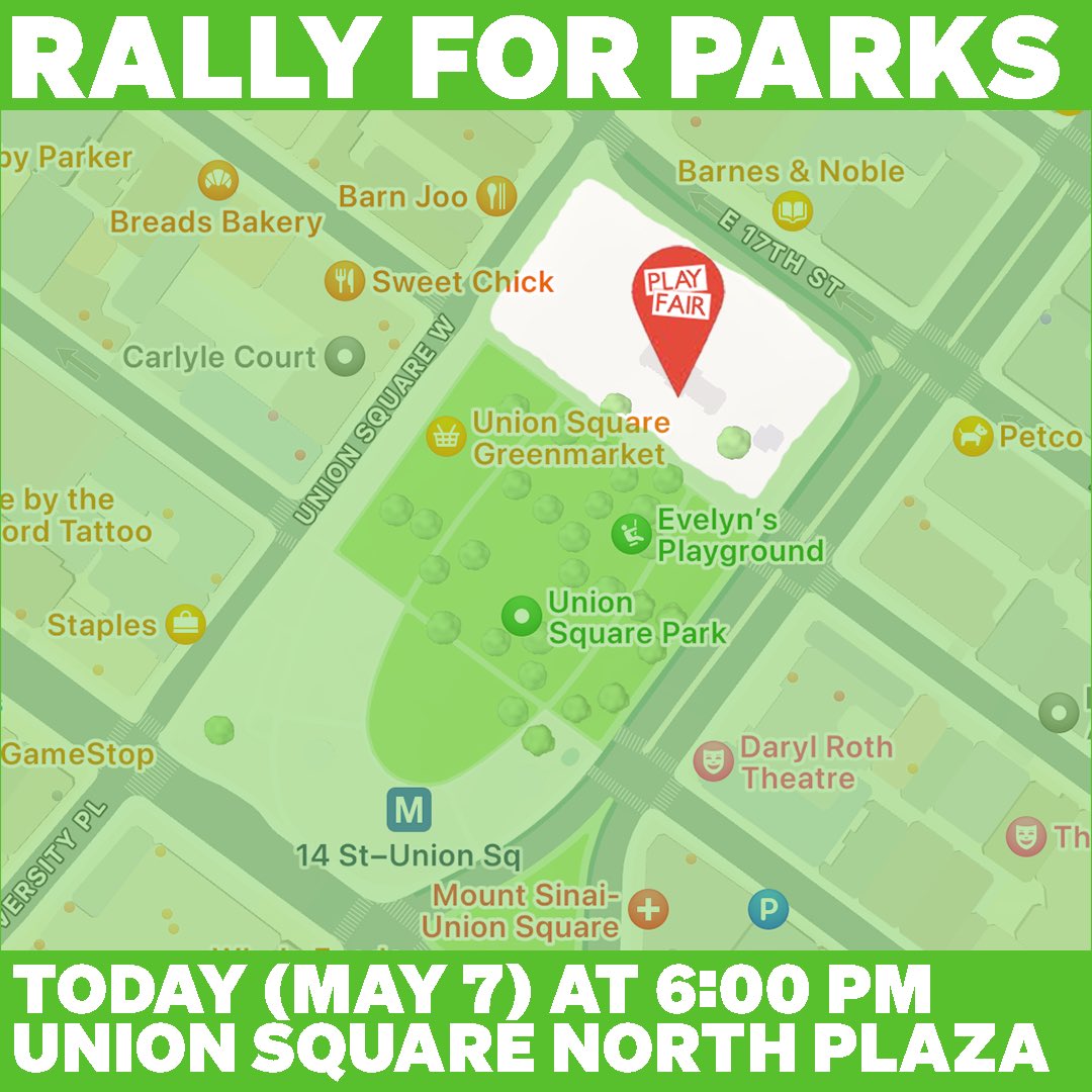 Join the #PlayFair Rally for Parks TODAY at 6pm at Union Square North Plaza (along E 17th St across from Barnes & Noble).   Come celebrate @NYCParks and Parks workers, oppose inequitable budget cuts, and demand investment in NYC's parks system.   #SaveNYCParks #1Percent4Parks