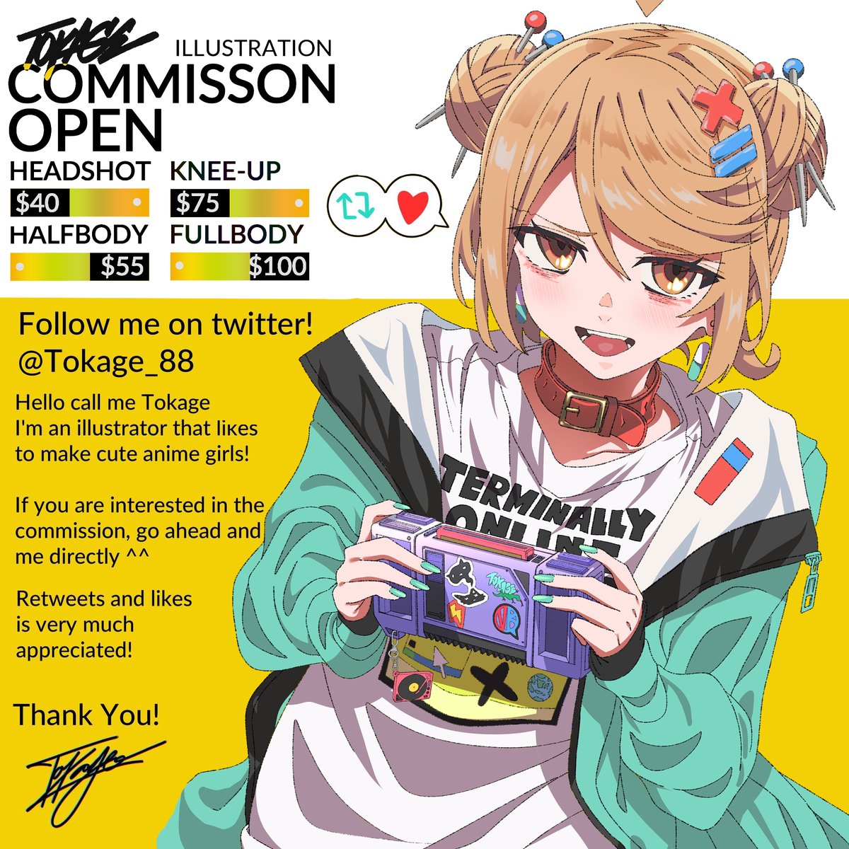 Commission open! Queue is open for may-june batch!✨ Open for 4 slots! 2/4 slot taken DM for more info! starts from : $40 (Headshot) $55 (halfbody) $75 (kneeup) $100 (fullbody) Retweets are appreciated📷 NSFW ok! #commissionsopen #commissions #anime #illustration