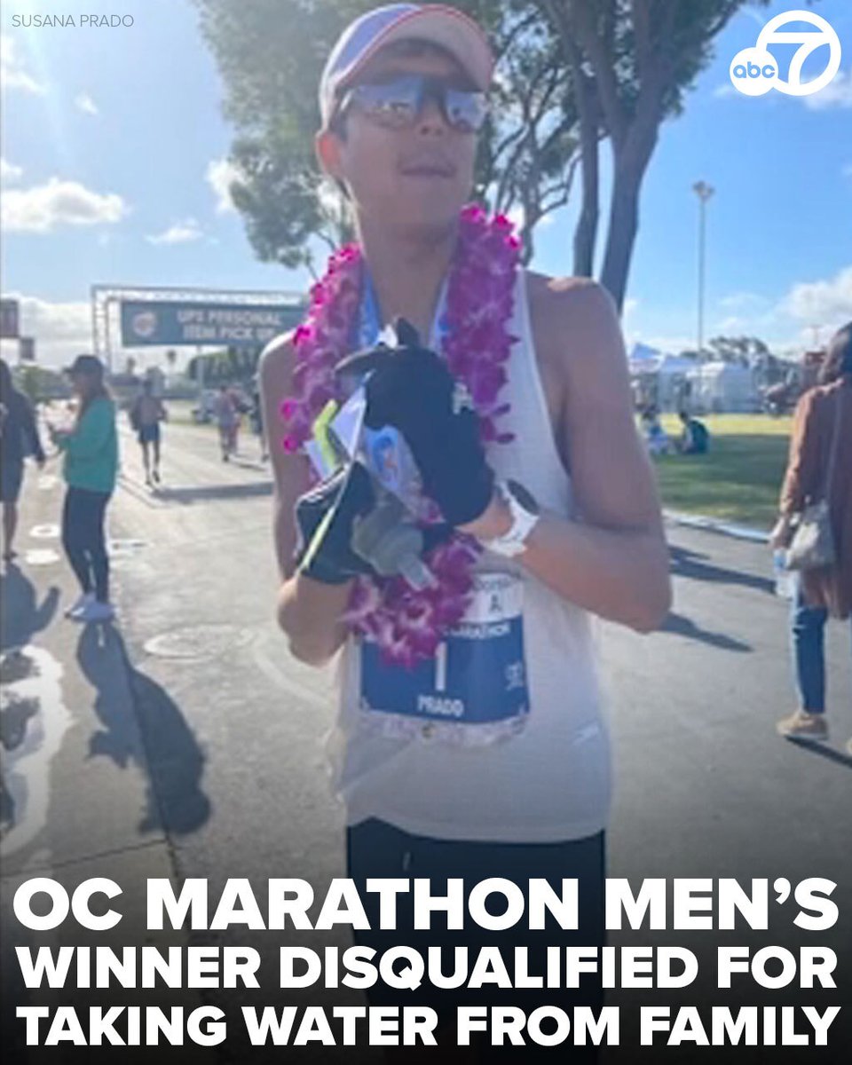 A 24-year-old from Fountain Valley was disqualified as the men's winner of Sunday's OC Marathon for taking water from a family member during the race.

According to the rules, runners can only get water from official hydration stations. abc7.la/4a9j6uO