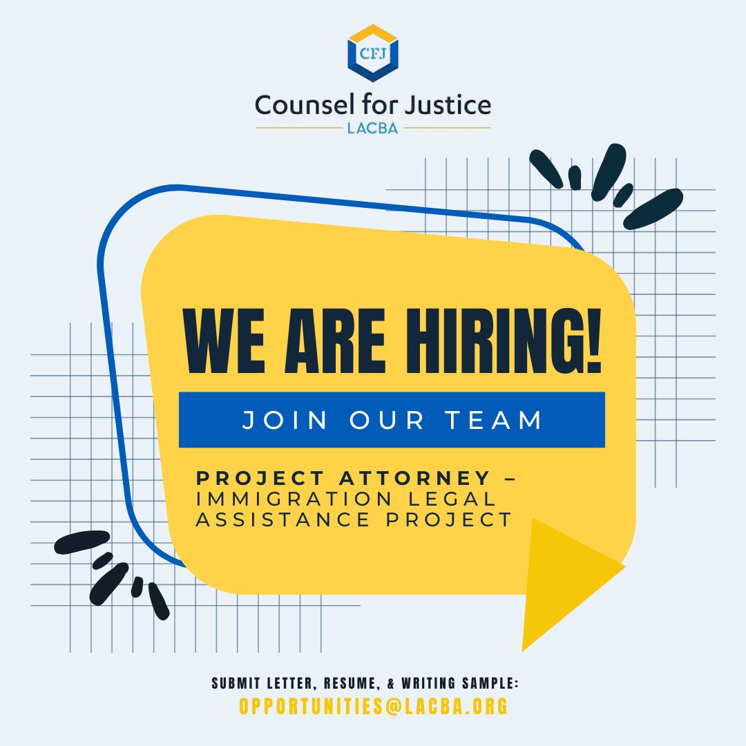 Counsel for Justice is hiring for a staff attorney for our Immigration Legal Assistance Project clinic! Learn more about the Roles & Qualifications at: 
lnkd.in/gHVWVYND

#Counselforjustice #LACBA #LegalJob #ProjectAttorney #ImmigrationLaw #MakeADifference