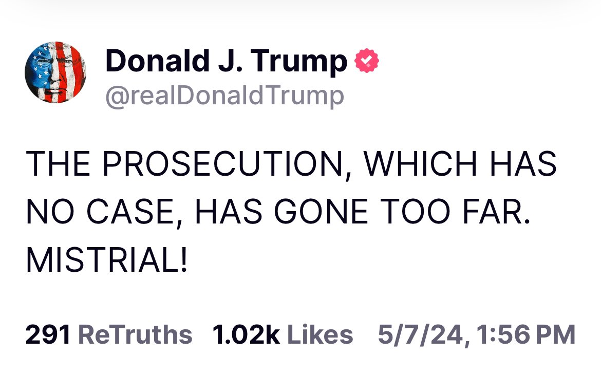 Minutes before court resumes after lunch, Trump takes to his social media platform with some thoughtful commentary about the trial.