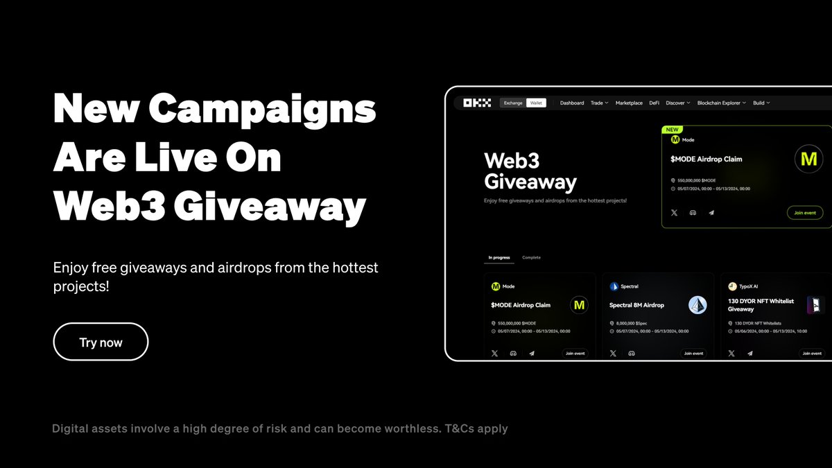 ✨ Check out our latest campaigns and airdrops with @TypoX_AI, @modenetwork & @Spectral_Labs 🎉 📱 OKX App: Wallet > More > Web3 Giveaway 🖥️ Desktop: bit.ly/3IZXgif 🧵 Stay tuned for more giveaways in the thread below!