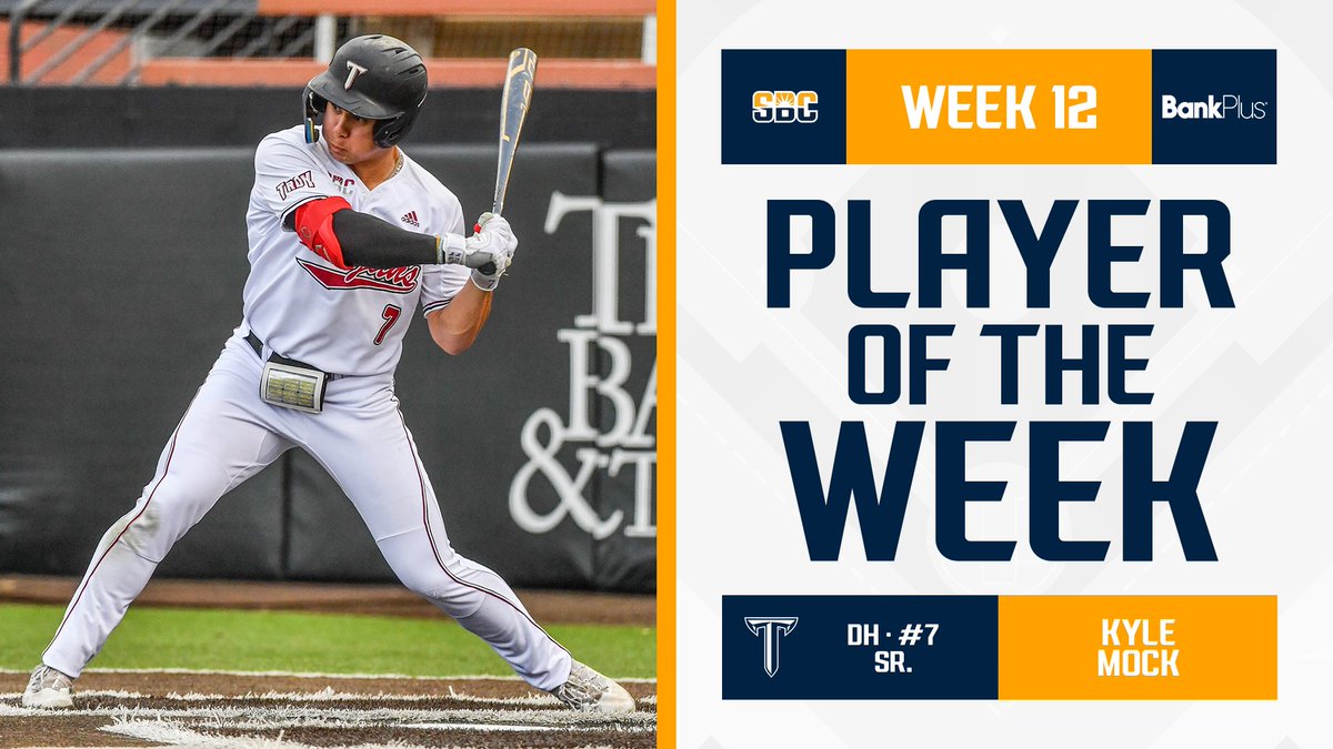𝗧𝗥𝗢𝗝𝗔𝗡 𝗧𝗥𝗜𝗨𝗠𝗣𝗛. After hitting .636 in a weekend series victory over conference-leading Louisiana, @TroyTrojansBSB senior designated hitter @kyle_mock00 is the #SunBeltBSB Player of the Week, presented by @BankPlus. ☀️⚾️ 📰 » sunbelt.me/4aiCupi