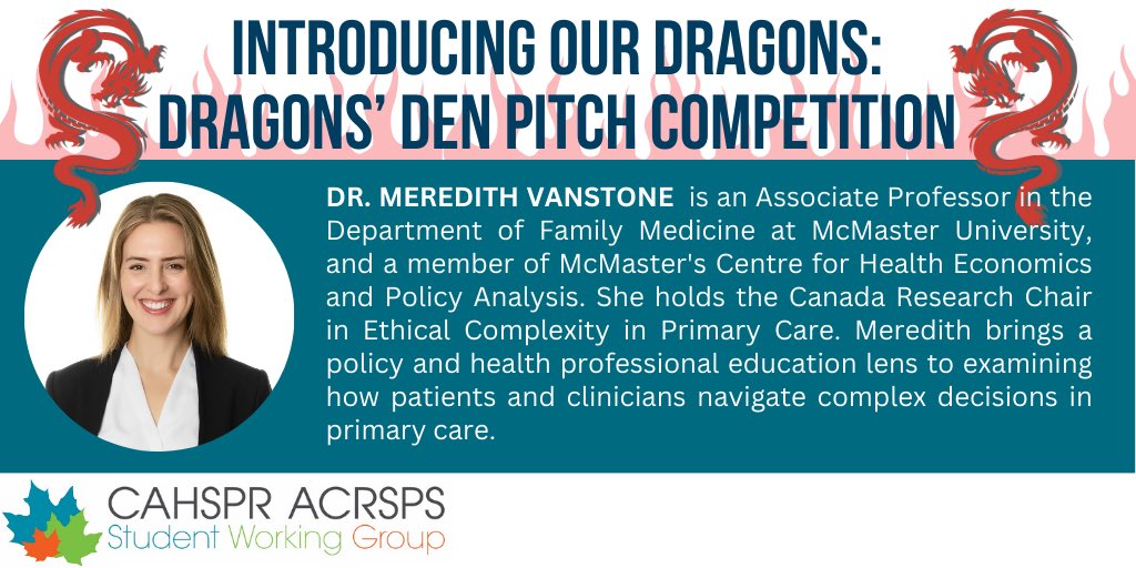 CAHSPR Student Working Group (@cahsprswg) on Twitter photo Our final fiery dragon is <a href="/MGVanstone/">Meredith Vanstone</a> 🐲🐉🐲🐉 She brings her qualitative research fire power to <a href="/McMasterFamMed/">McMaster Family Med</a> and <a href="/MacHPPhD/">Health Policy PhD</a> as an associate prof 🔥 Meet Dr. Vanstone and watch trainee-led teams compete for a $1000 grand prize at the Dragons’ Den Pitch Competition at #CAHSPR24! Our final fiery dragon is <a href="/MGVanstone/">Meredith Vanstone</a> 🐲🐉🐲🐉 She brings her qualitative research fire power to <a href="/McMasterFamMed/">McMaster Family Med</a> and <a href="/MacHPPhD/">Health Policy PhD</a> as an associate prof 🔥 Meet Dr. Vanstone and watch trainee-led teams compete for a $1000 grand prize at the Dragons’ Den Pitch Competition at #CAHSPR24!