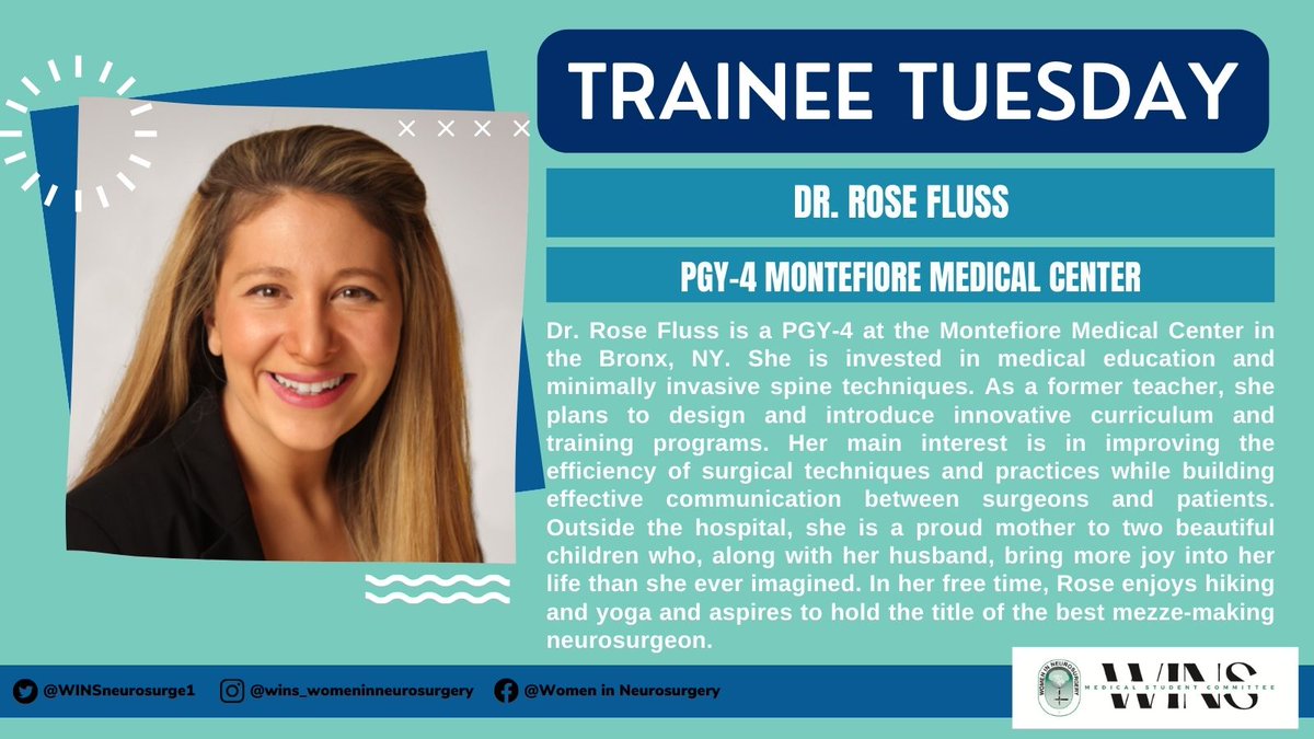 It's Tuesday! Excited to introduce our first Tuesday Trainee of the month, Dr. Rose Fluss from Montefiore Medical Center @MontefioreNYC #WINS #WomeninNeurosurgery