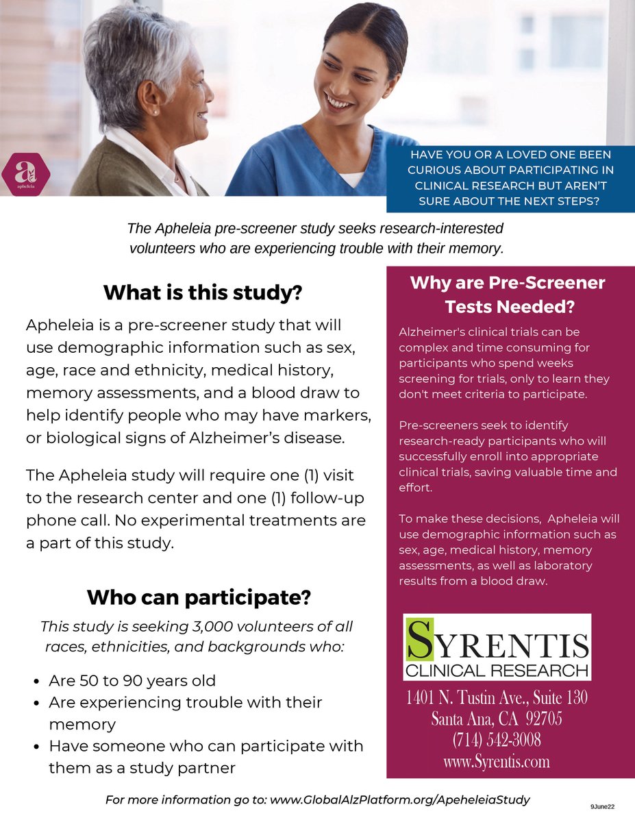 Experts expect that ~14 million people in the U.S. will be diagnosed with #Alzheimers disease by 2050. You can take a step in combating the disease by learning more about the #ApheleiaStudy and how you can participate. Learn more: (800) NEW-STUDY | Syrentis.com #Alz
