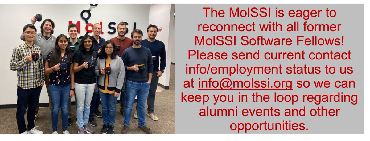 ATTN all former MolSSI Software Fellows! The MolSSI is planning an MSF alumni event (a reception/dinner) during the Fall ACS meeting (Denver). Can you please confirm current contact info/affiliation via email to info@molssi.org? Hoping to include as many MolSSI alums as we can!🙏