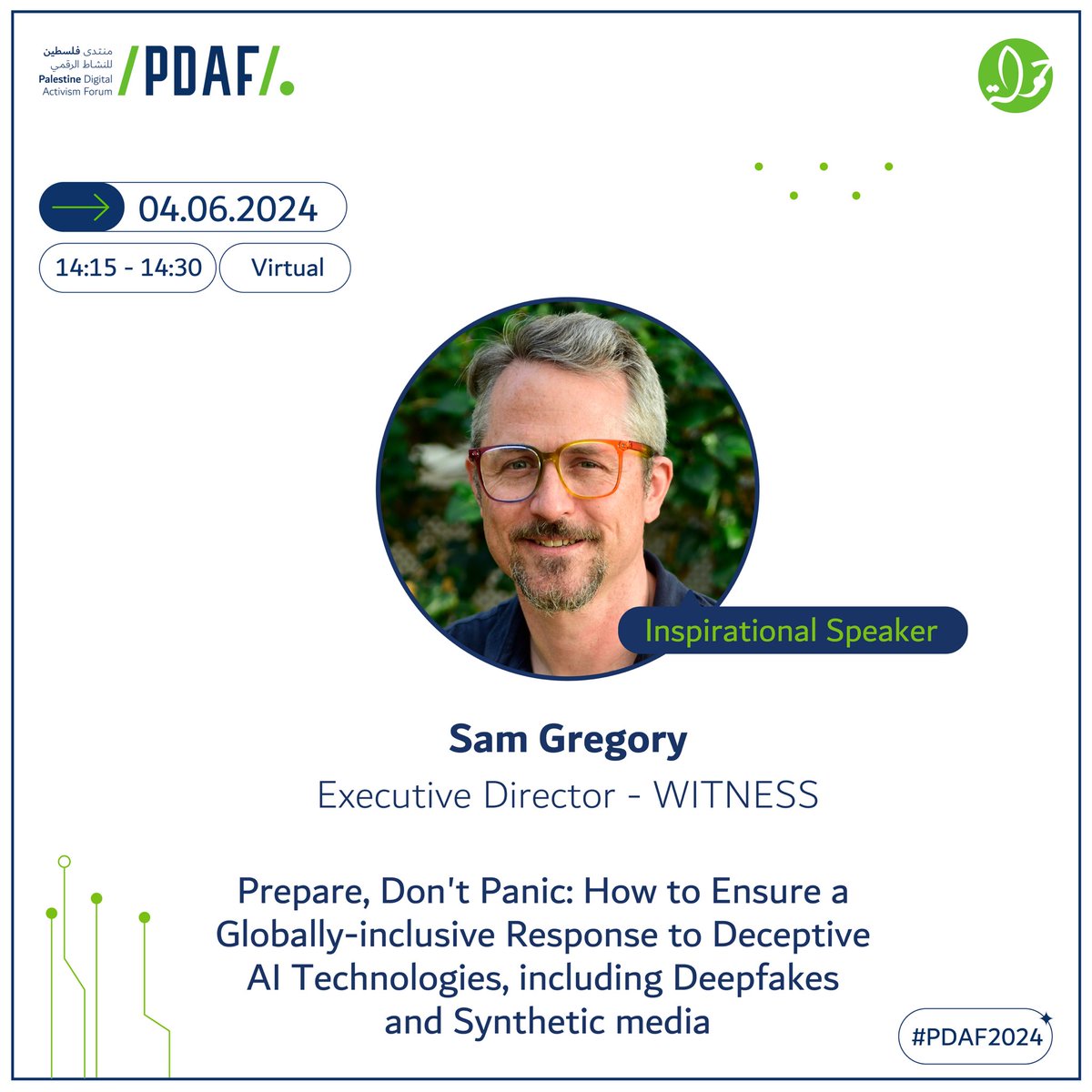 📣 Stay tuned for the inspirational speaker talk in first day of the Palestine Digital Activism Forum (PDAF 2024), Sam Gregory - Executive Director of @witnessorg 📝 Reserve your seat now: pdaf.net #PDAF2024