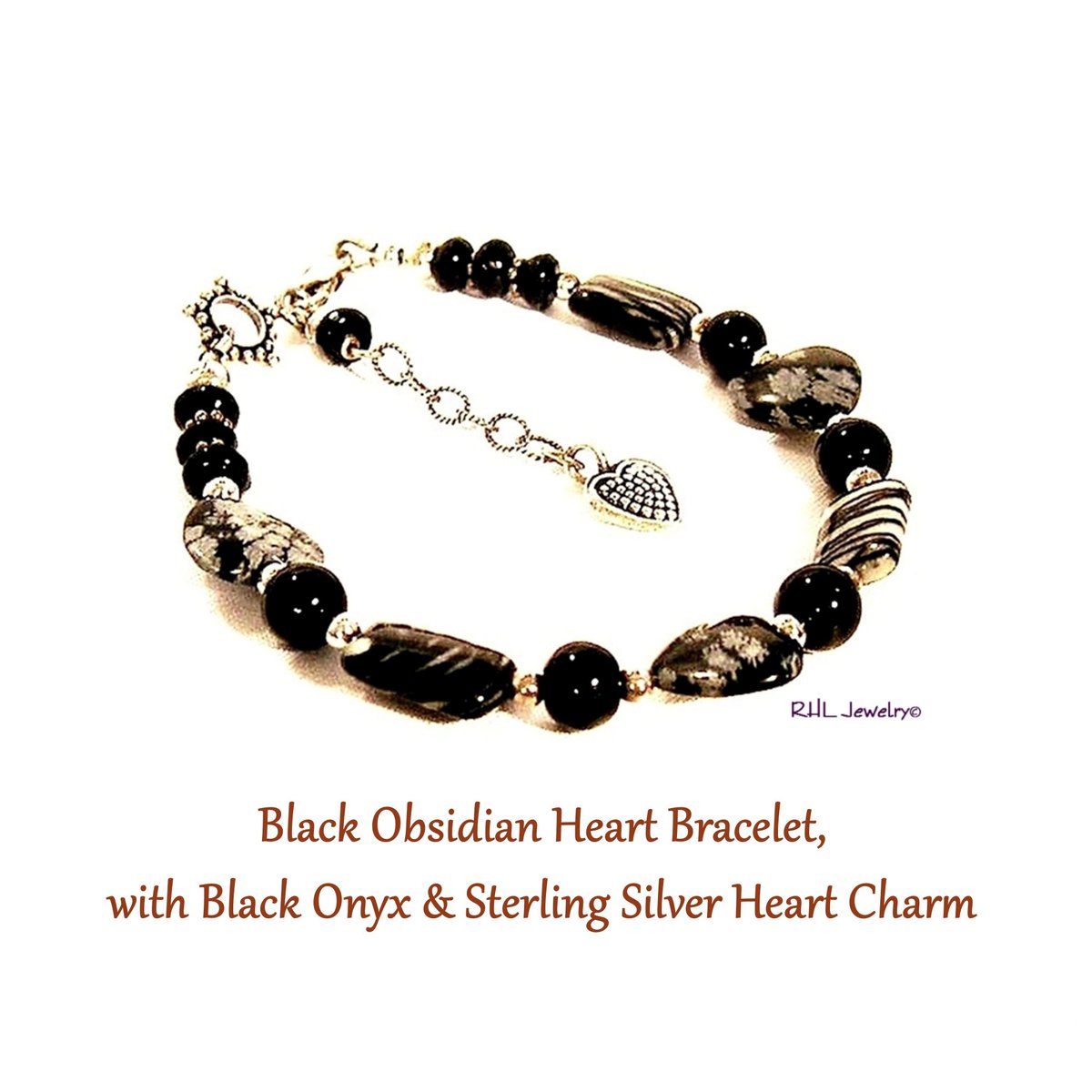 Black Obsidian Heart Bracelet, Black Onyx, Sterling Silver Heart Charm, Chakra Jewelry tuppu.net/5ea93ce5 #etsygifts ##chakra #ScorpioLeoAries
