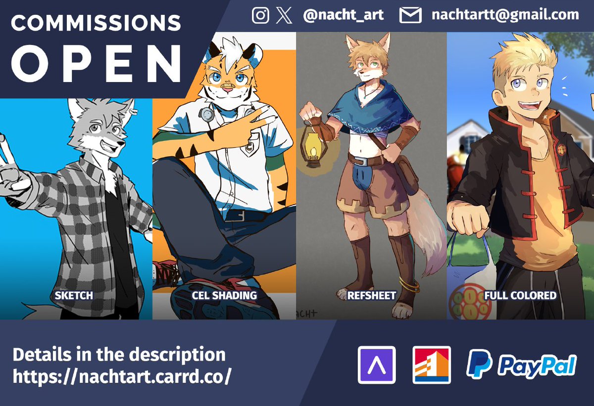 Commissions open🍃
Anime/Kemono style

Prices

Sketch: $15 USD
Icon: $20 USD
Cel shading: $40 USD
Refsheet: $70 USD
Full colored: $80 USD

For each extra character/add background are $10 USD extra

You can see more info and examples of prices in the link below

#commissionsopen