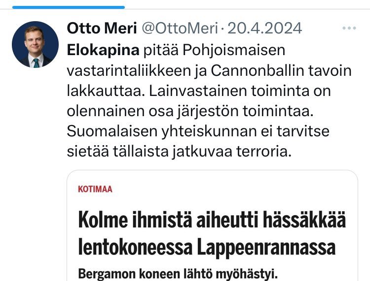 Otto 'kaahari' Meri ja kokoomus tulis lakkauttaa Cannonballin tapaan. Eikö?