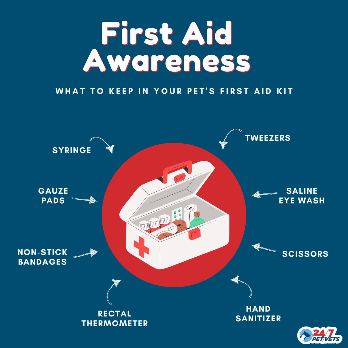 🚑 It's crucial to be prepared for any unforeseen pet emergencies. Here's what to keep in your pet's first aid kit! Being prepared could save your furry friend's life! 🐶❤️ #PetFirstAid #StayPrepared #PetSafety