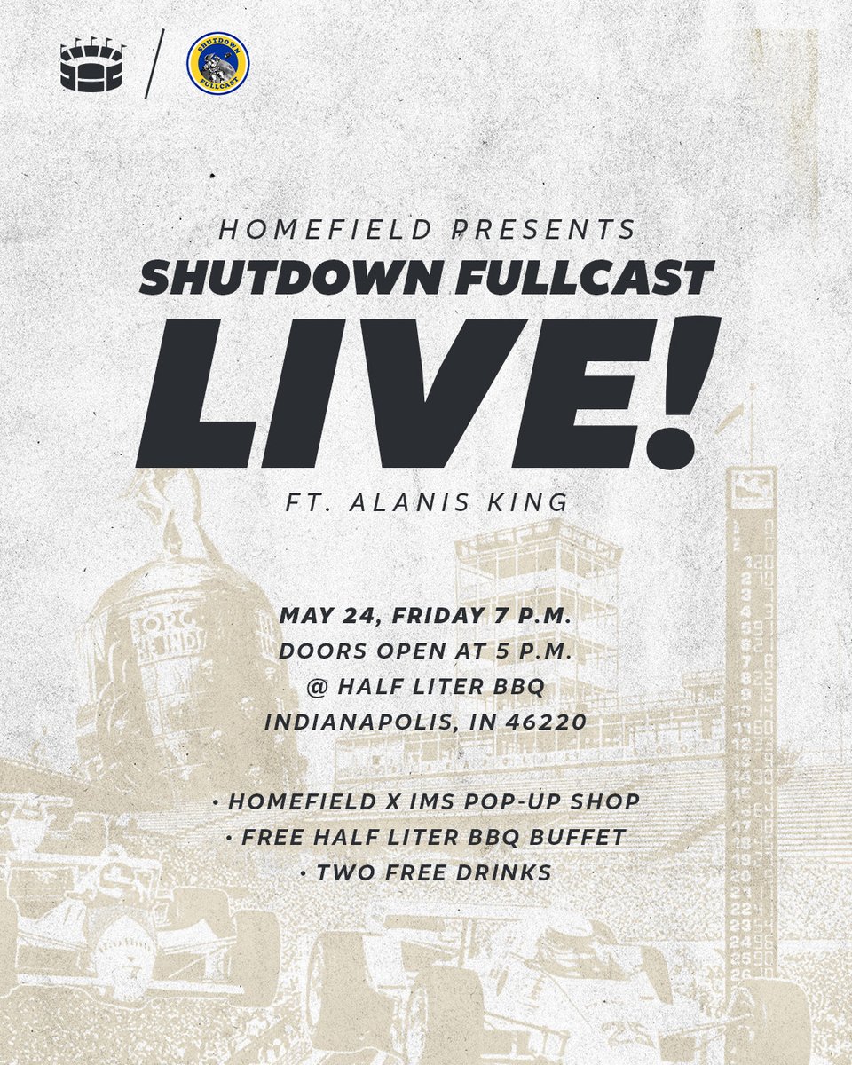 Hi! I'm going to the Indy 500!

If you want to hang, Homefield Apparel is hosting a big, live podcast before the race! You get a seat, goodie bag, BBQ, drinks, discount merch, and more. I'll also sign your copy of 'Racing with Rich Energy' ♥️

Tickets: eventbrite.com/e/homefield-pr…