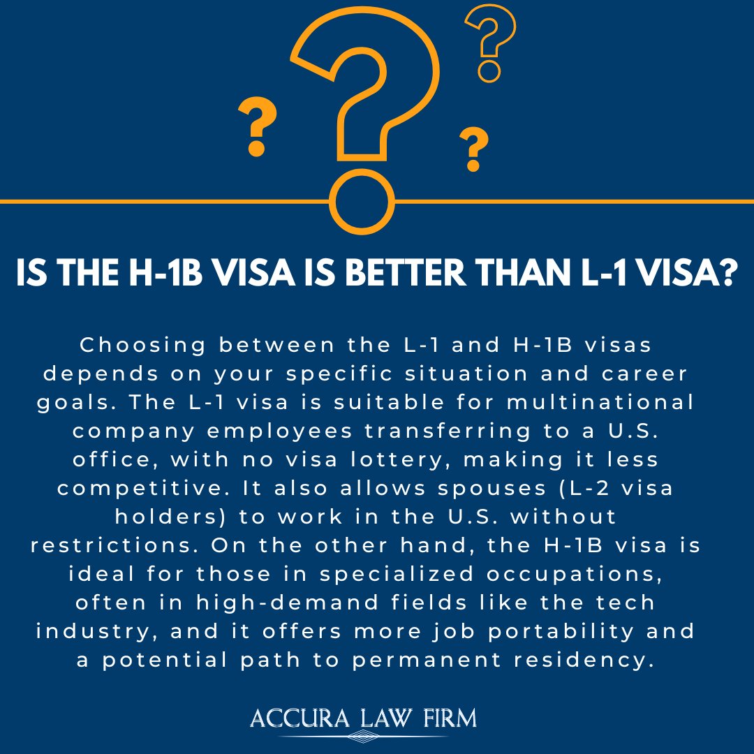 Exploring the nuances of H-1B versus L-1 visas: factors like eligibility, duration, and restrictions play crucial roles in your decision-making process.
#VisaComparison #H1BVisa #L1Visa #ImmigrationOptions #WorkVisas #VisaDebate #USImmigration #WorkAbroad #VisaExpertise #USVisas