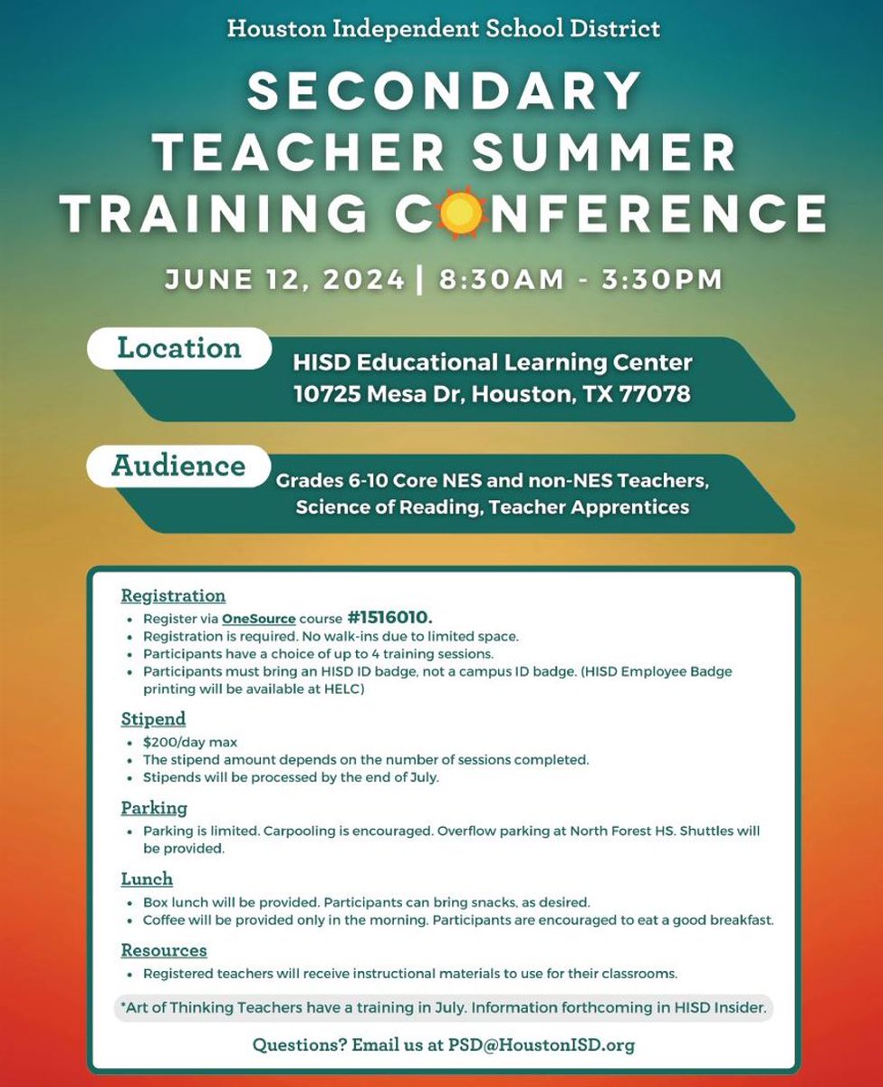 📣Calling all HISD Secondary Teachers... Join us for a day of learning at the Teacher Summer Training Conference. ✅June 12th ✅8:30am-3:30pm ✅Stipend available ✅Lunch provided ✅Multiple sessions to choose from 🛑Register Today! #1516010