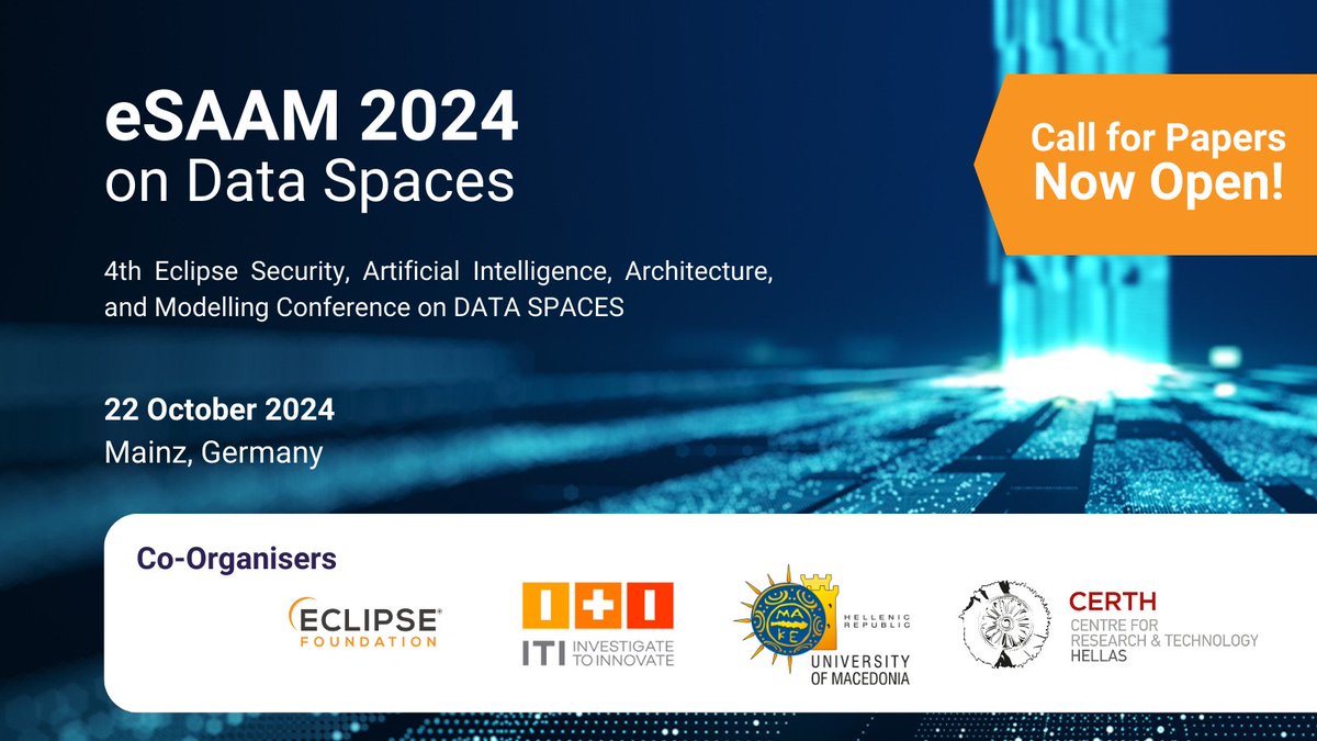 Eclipse SAAM 2024 conference brings together research and industry in the field of the next generation of Data Spaces. Only 5 days remain to submit your paper! hubs.la/Q02wfsJt0 #opensource #Research #Dataspaces #eSAAM2024