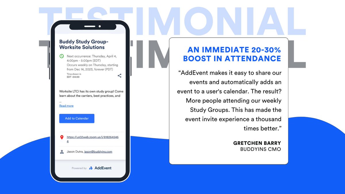 Still struggling to get people to show up to your events? 😠 BuddyIns can relate - or should we say 'could'? Here's how AddEvent helped fix this issue: eu1.hubs.ly/H08W_Tr0 

#CustomerSuccess #IncreasedAttendance