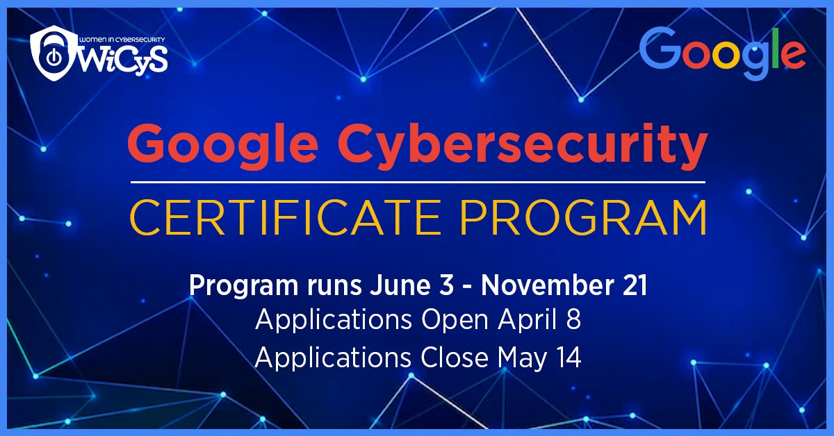 Only 1 week left before applications close! 💻 Join our Google Cybersecurity Program 🤩 Learn to identify risks, vulnerabilities & master Python, Linux & SQL hands-on. Don't miss out, register now – ow.ly/2y7s50RyKO1

#wicys #googlecybersecurity #cybersecurity #womeninstem