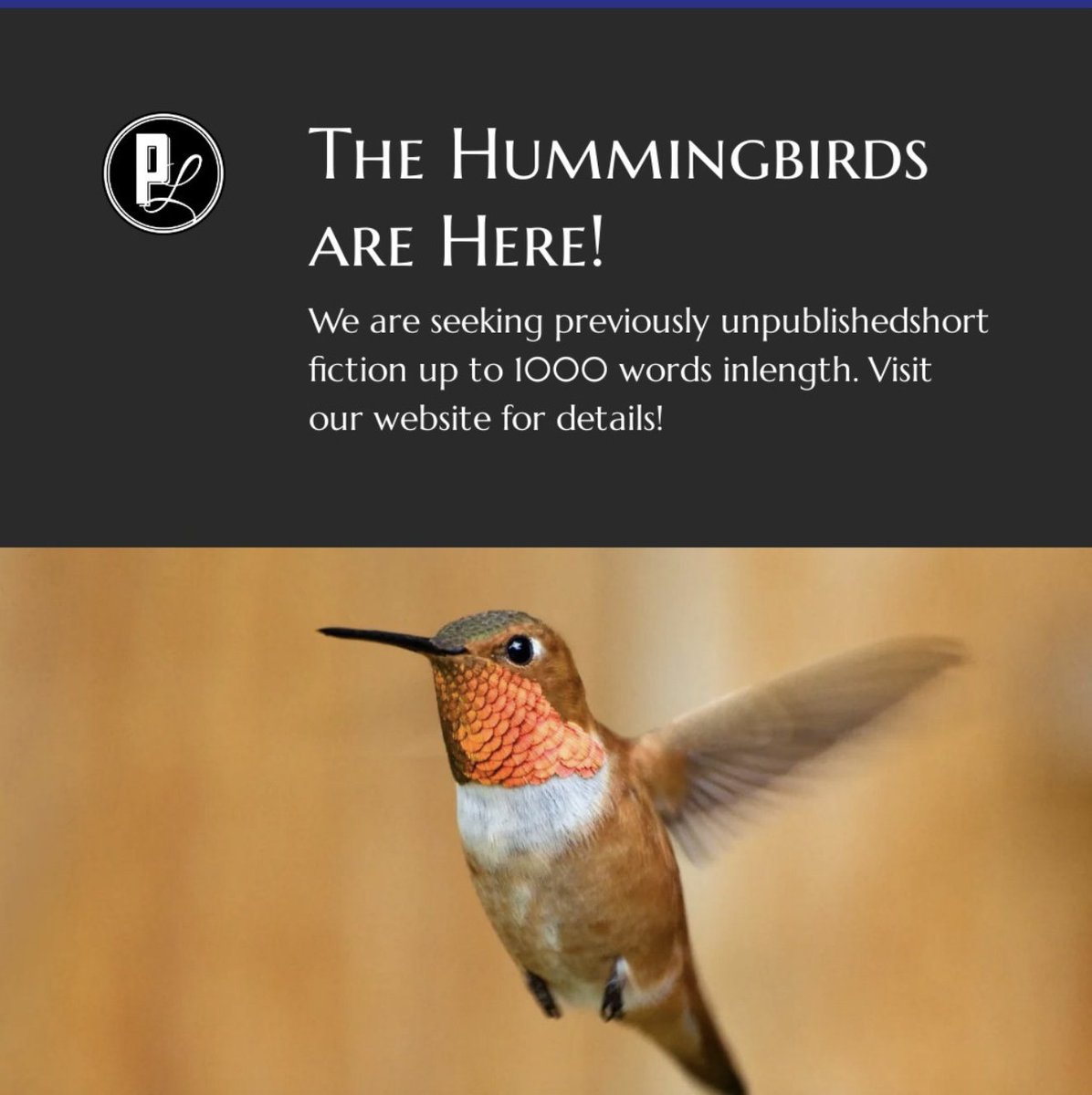 Fans of flash fiction rejoice! Pulp Literature's Hummingbird Flash Fiction Prize is now accepting submissions.

We are seeking previously unpublished short fiction up to 1000 words in length. Enter before May 15 to save $5 on your entry fee!

#flashfiction #writingcontest