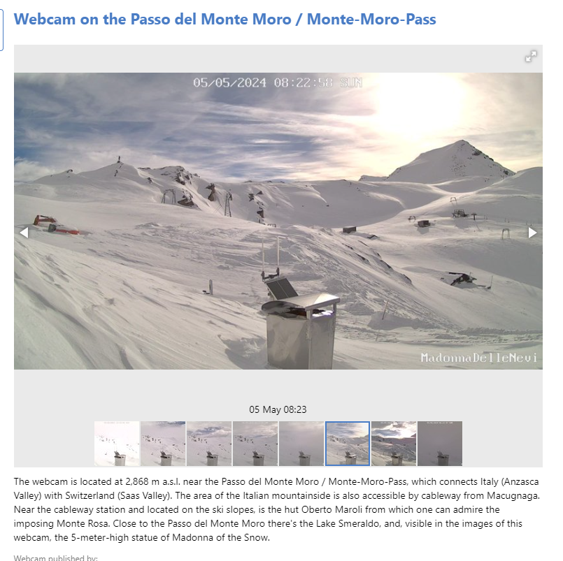 More snow in the Month of May in the Italian Alps.

 ...'Snowfall at the beginning of the month on May 7, brought the thickness of the snowpack at Passo del Moro (Monte Rosa group) to 398 cm  

The new seasonal limit exceeds 392 cm on April 27,  2019. 

For a higher measurement