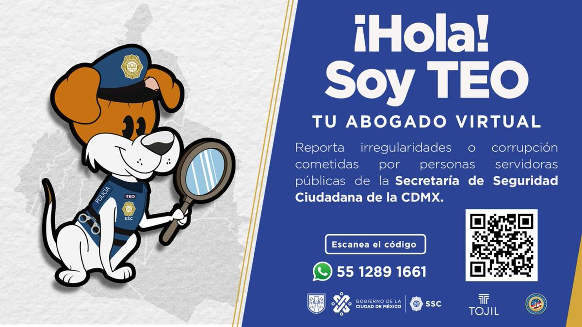 Si detectas algún tipo de irregularidad por parte de personas servidoras públicas de la #SSC, te invitamos a reportar la situación a través de #TeoSSC 👇🏼🐶🔎🚔 📞 55-1289-1661 🌐ssc.cdmx.gob.mx 🌐 linkr.bio/TEOSSC