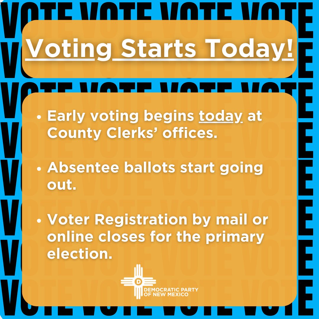 Today's a big day for voting in NM! Voting in the primary starts today in person at County Clerk's offices. Registration by mail or online for the primary is closed, but remember you can same day register at certain locations! Check out NMVote.org for more info!