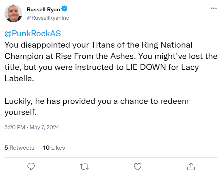 TitansOfTheRing's tweet photo. Two tweets from Russell Ryan from today that have huge implications for tonight's show.

What could he be talking about? Alexis Slater and Andrew Sullivan will be in action tonight at https://t.co/DG4hTirV7a

#WWE2K24
#WWE2K23
#WWERAW
#WWEBacklash 
#WWENXT https://t.co/PaKfhwSyMH