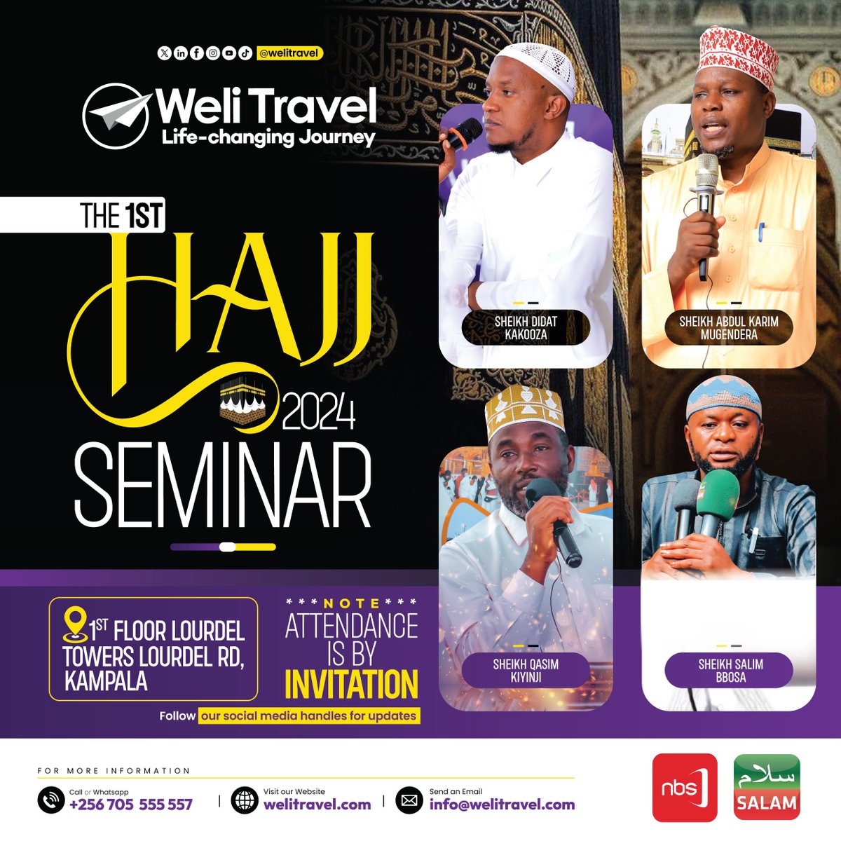 Countdown Begins as Weli Travel prepares for its 1st Hajj Seminar on the 18th May, 2024.

Follow all the proceedings online. 
@nbstv @SalamTvUG 
#HajjwithWeli | #welitravel | #lifechangingjourney