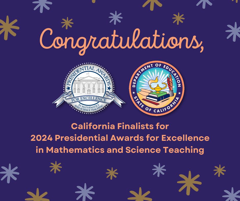 Congrats to three outstanding mathematics and science teachers announced as finalists from #California for the 2024 Presidential Awards for Excellence in Mathematics and Science Teaching (#PAEMST)! 🚀 👩🏻‍🔬

💡 Read more: cde.ca.gov/nr/ne/yr24/yr2…