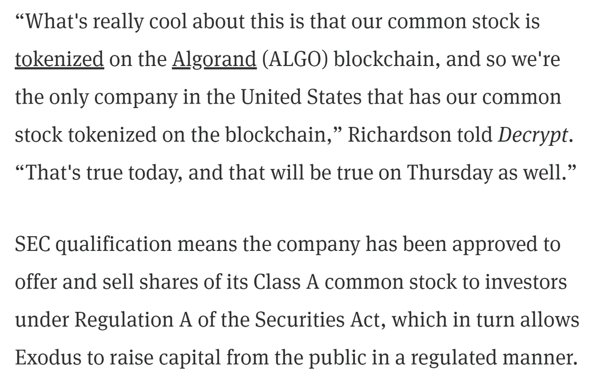 And we've got actual tokenized stock folks. Exodus has its stock tokenized on Algorand and is listing on NYSE American.