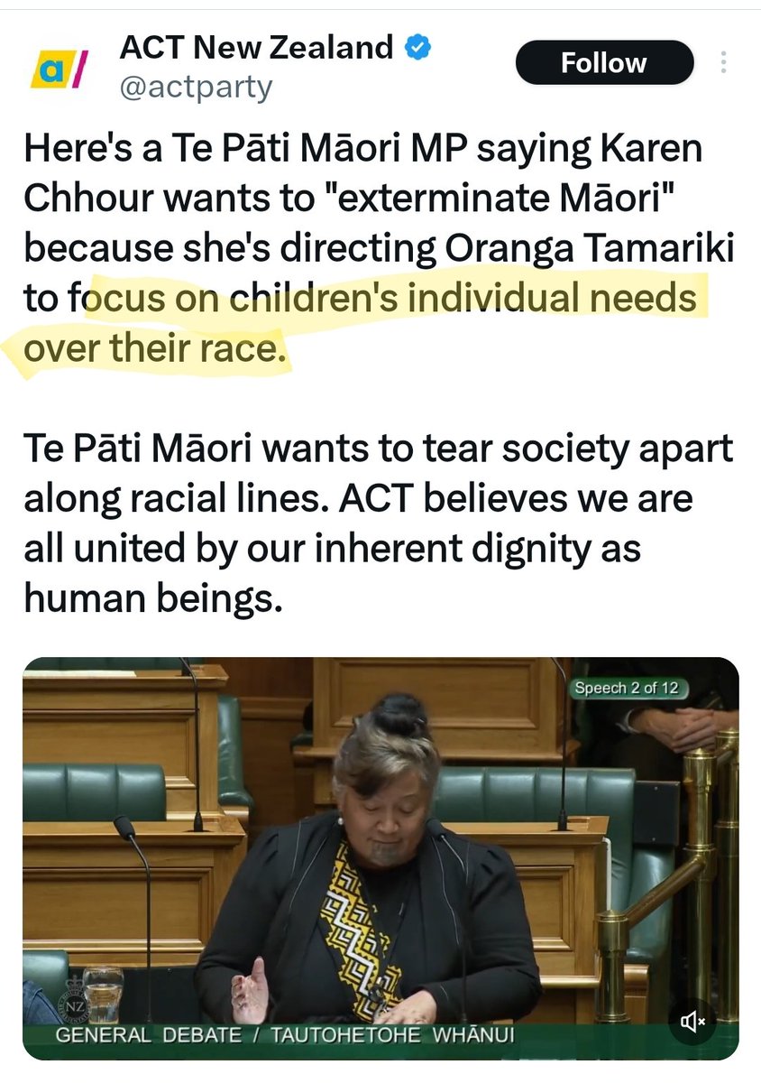 ACT does it's best to dispel rumors they're attempting to exterminate Māori. Then explains they will ignore children's races? Is ACT just gaslighting us? x.com/actparty/statu…