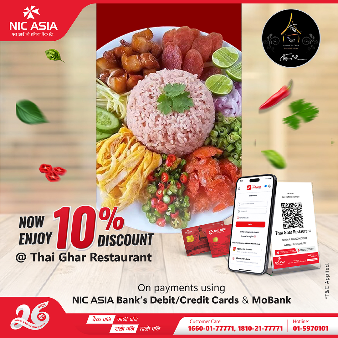 Experience the authentic taste of Thai cuisine at Thai Ghar Restaurant and save up to 10% when making payments with NIC ASIA Bank's MoBank or Debit/ Credit cards.

👉Apply Card: bit.ly/43ooY1q
👉Download MoBank: bit.ly/Download-MoBank

#NICASIABank #DigitalFirst