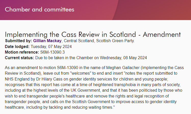 So the Greens are trying to wreck the Holyrood motion on the Cass Review tomorrow by amending it to say 'The Cass Review is transphobic poo-poo and she's a big meany meanface, puberty blockers for all now!'