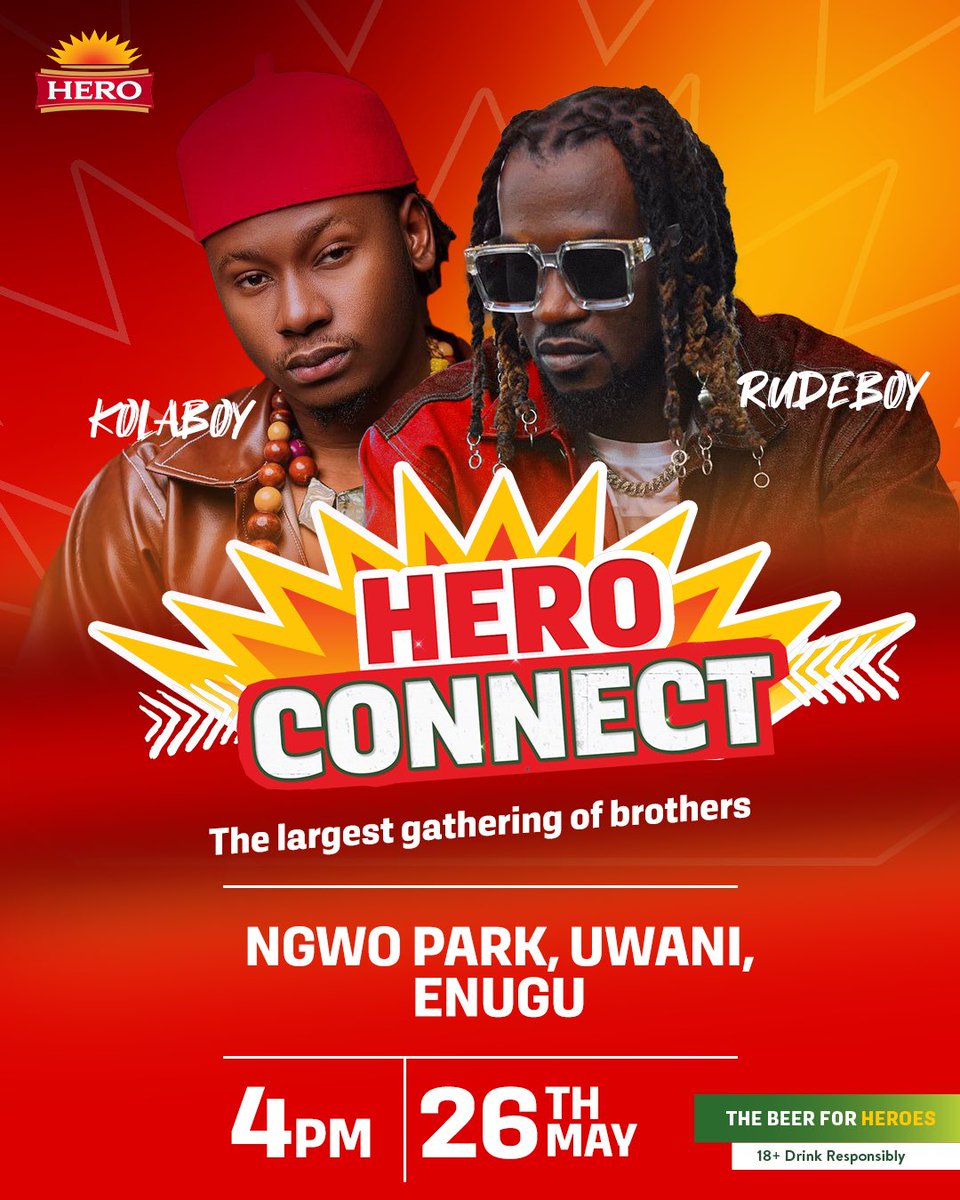 Enugu, let's connect at the rewarding Hero Connect event🔥🔥 @rudeboypsquare @kolaboyofficial will be live and active to share Hero with heroes🔥😁 Tag a hardworking Odugwu that deserves a cold rewarding Hero beer to attend🙌🏾 #HeroConnect2024 #UruDia #HeroLager