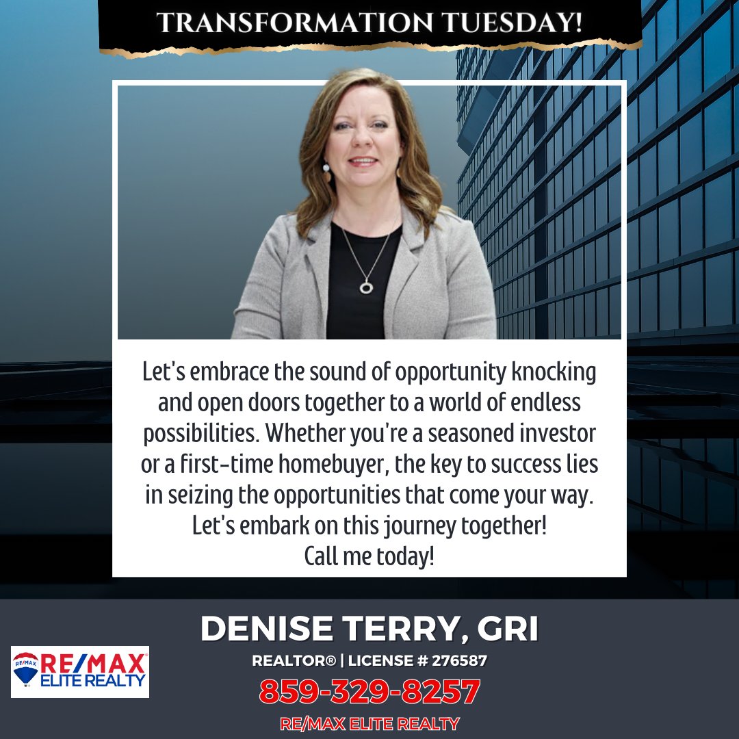Denise Terry, GRI | REALTOR®, BROKER (@deniseterry94) on Twitter photo 🏡🔑 Embrace opportunity! Whether you're a seasoned investor or a first-time homebuyer, let's seize the possibilities together.
#TransformationTuesday #RealEstate #NoHiddenFees #HiddenFREES #REMax #REMaxEliteRealty #Bluegrassrealtors #playingtowin <a href="/vaughtsviews/">Vaughts' Views</a> 🏡🔑 Embrace opportunity! Whether you're a seasoned investor or a first-time homebuyer, let's seize the possibilities together.
#TransformationTuesday #RealEstate #NoHiddenFees #HiddenFREES #REMax #REMaxEliteRealty #Bluegrassrealtors #playingtowin <a href="/vaughtsviews/">Vaughts' Views</a>