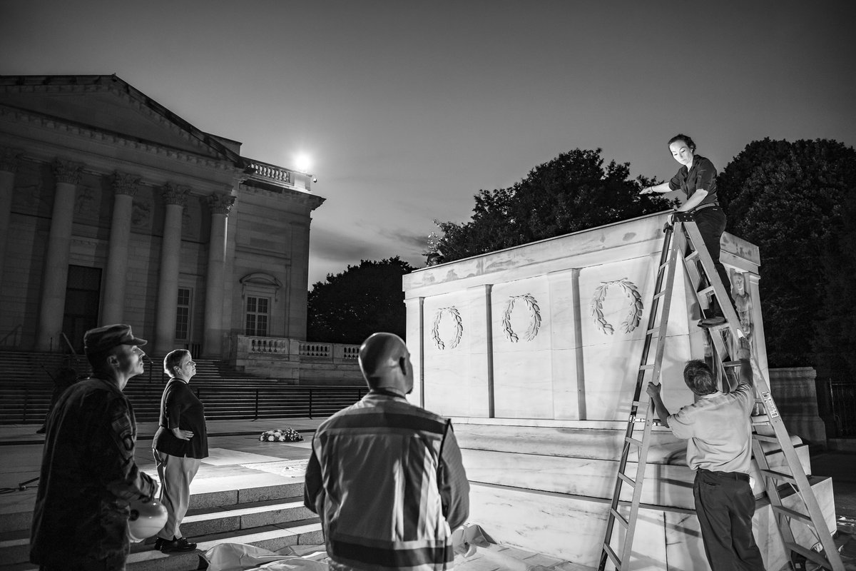 The Tomb of the Unknown Soldier is the most visited site at ANC. Our staff work hard to care for the iconic location.

Photo: Employees from Engineering and Facilities Maintenance discuss the application of zinc oxide to the Tomb, August 12, 2019.

#GovPossible #PSRW