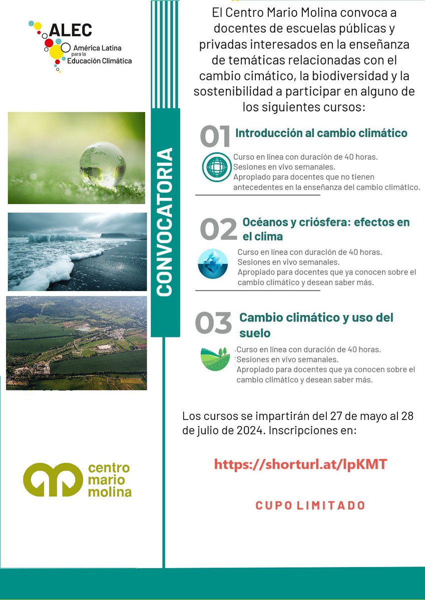 INSCRIPCIONES ABIERTAS
El registro para los cursos de formación docente
    * Introducción al cambio climático.
    * Océanos y criósfera: efectos en el clima.
    * Cambio climático y uso del suelo.

Esta disponible en:
shorturl.at/lpKMT

CUPO LIMITADO