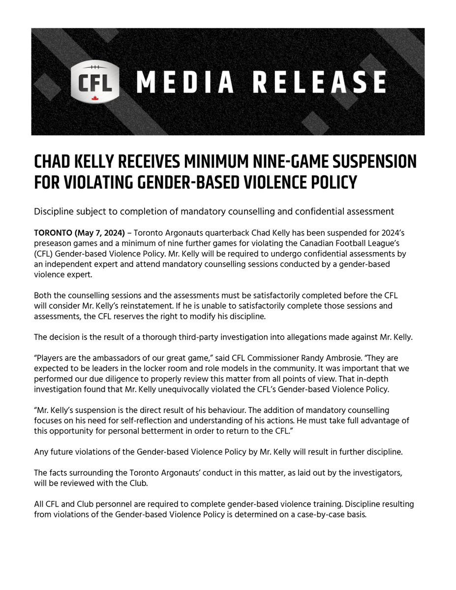 The CFL has announced the following statement regarding Chad Kelly.